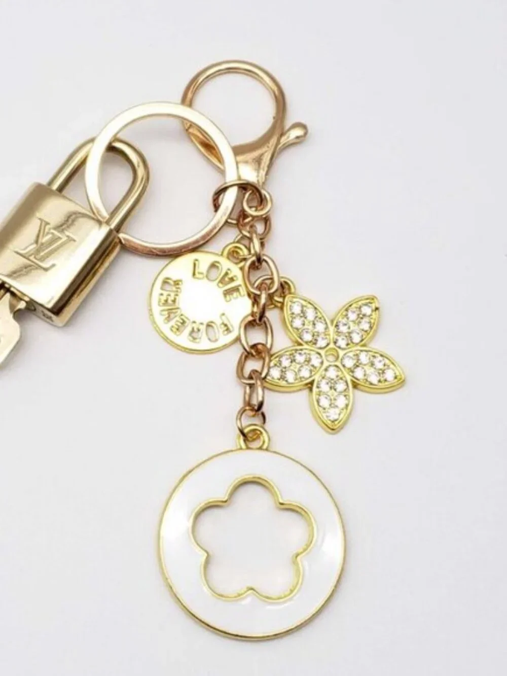 LV Gold Padlock Authentic 🔑 Luxury Bag Charm w/ Unbranded Flower Keychain